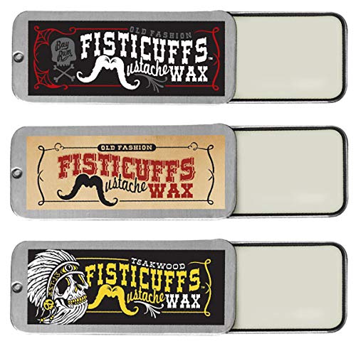 Grave Before Shave Fisticuffs mustache wax three-pack offering original, teakwood, and bay rum scents for versatile styling.