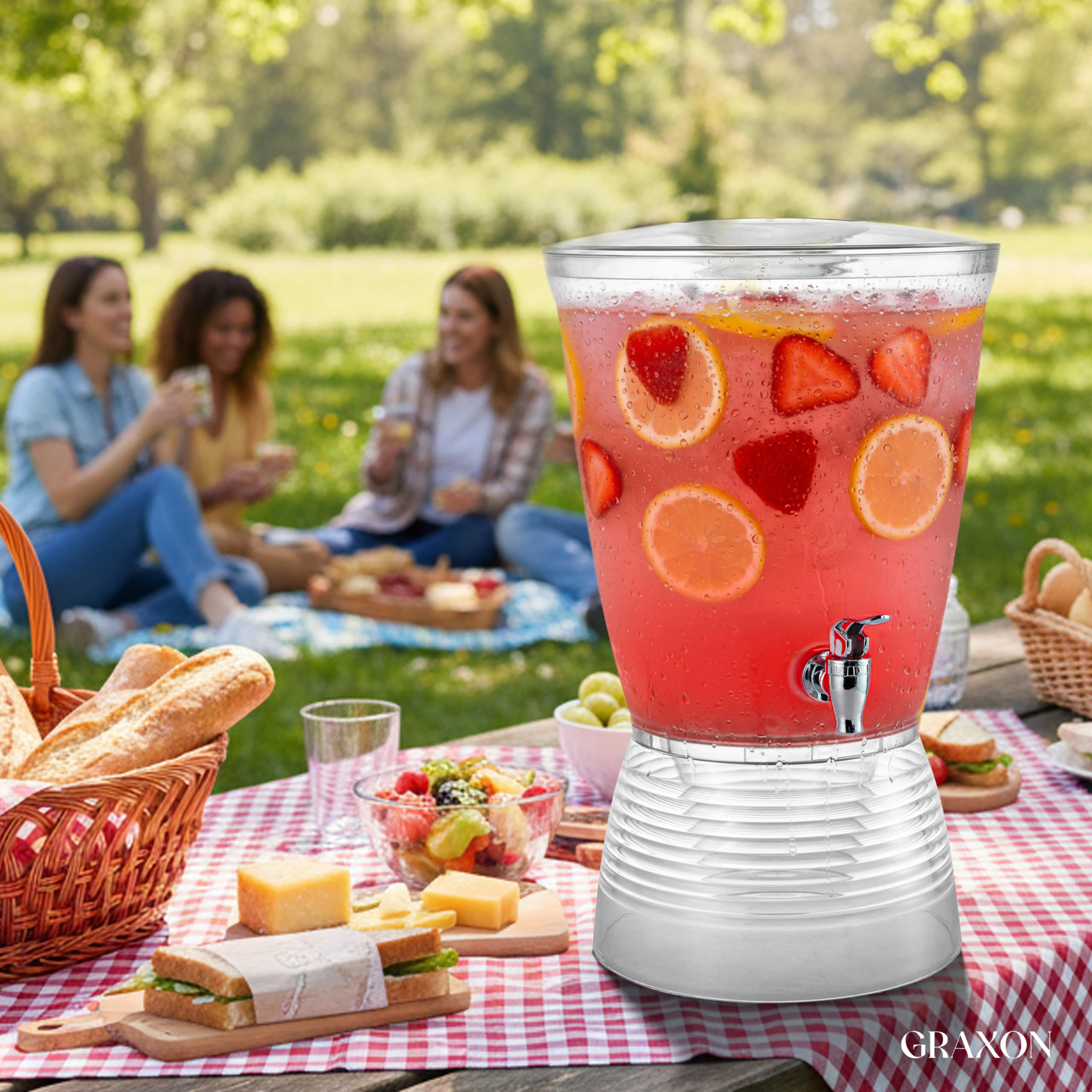 GRAXON drink dispenser assembled on table for easy serving at gatherings.