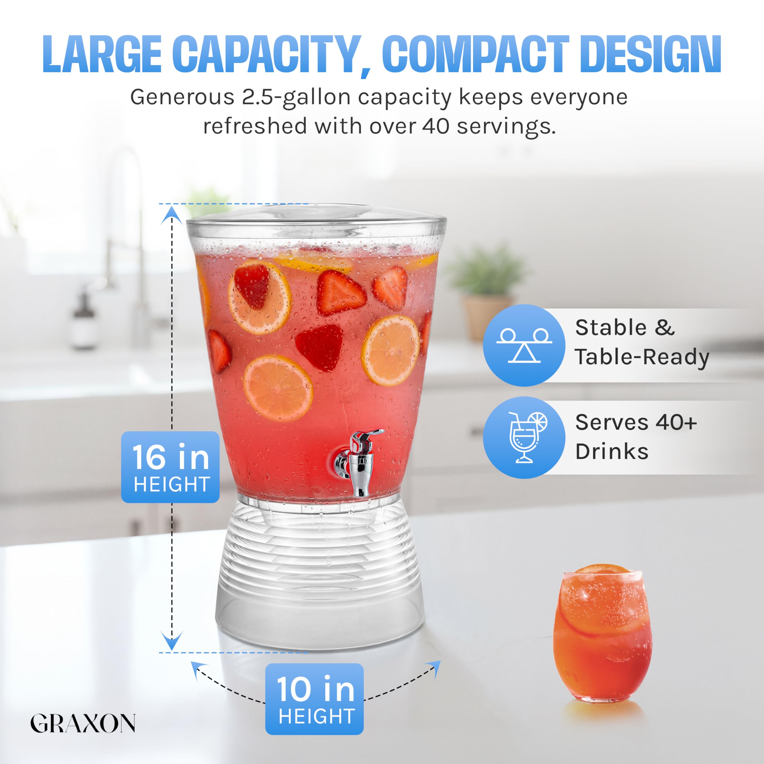 GRAXON drink dispenser BPA-free acrylic keeps beverages clear.