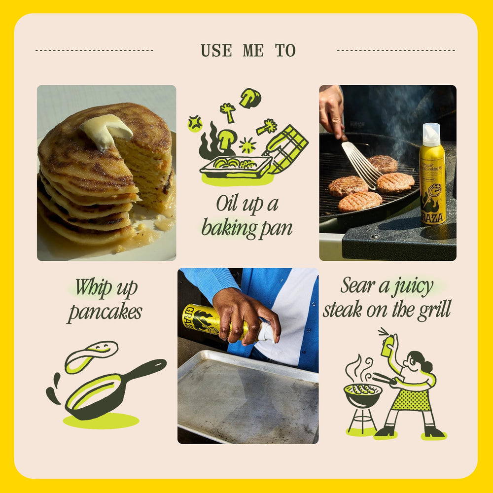 Graza Frizzle baking pan prep with a light mist for browning.