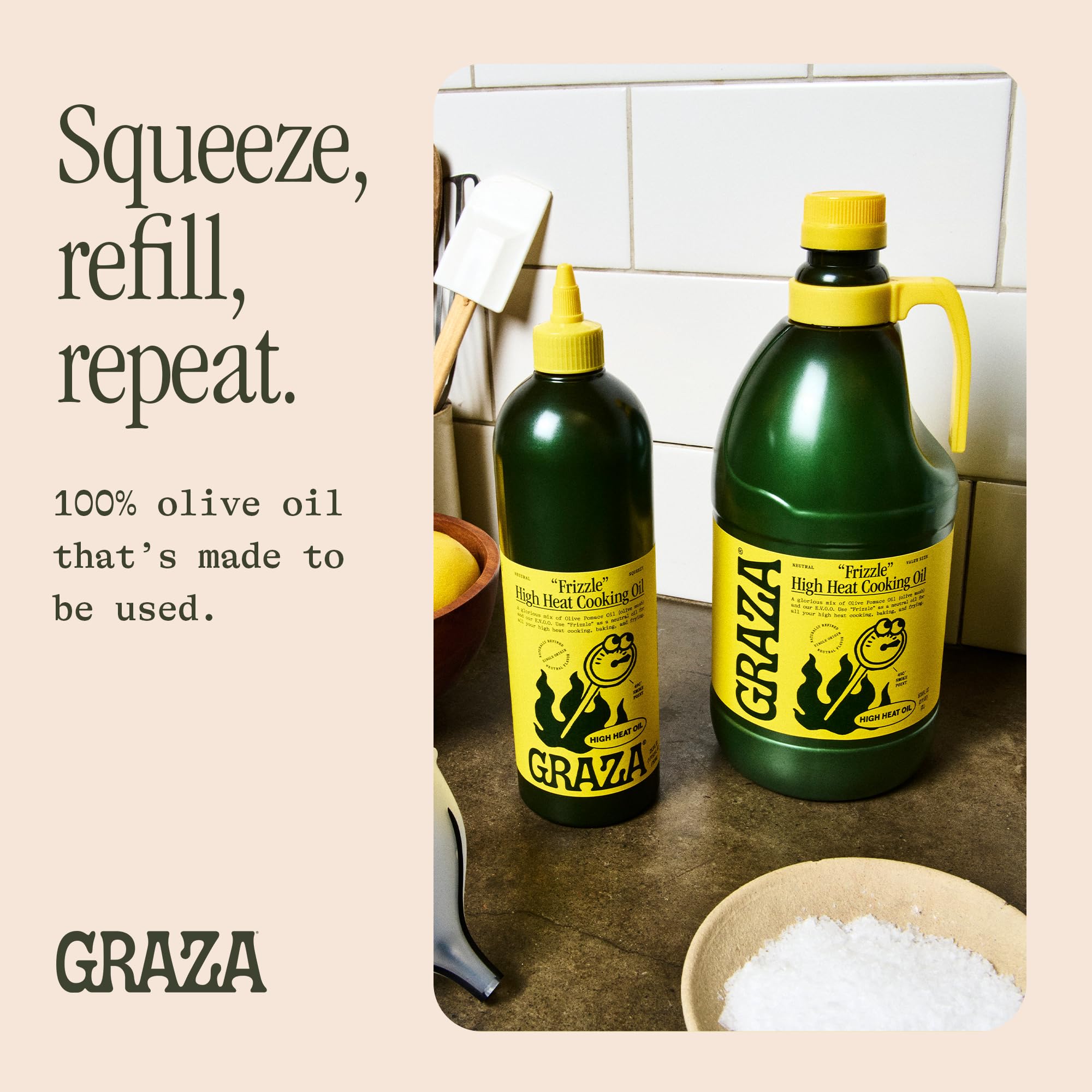 Graza Frizzle close-up of olive oil blend for versatile cooking.