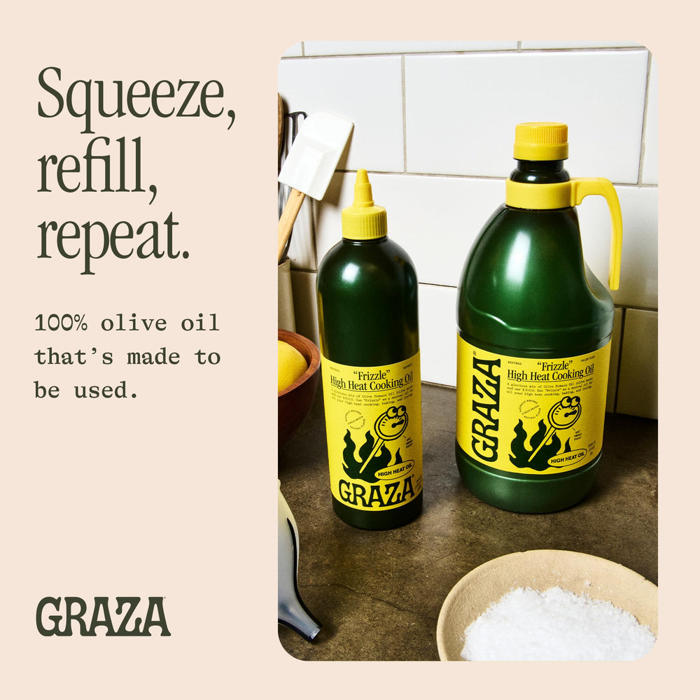 Graza Frizzle close-up of olive oil blend for versatile cooking.