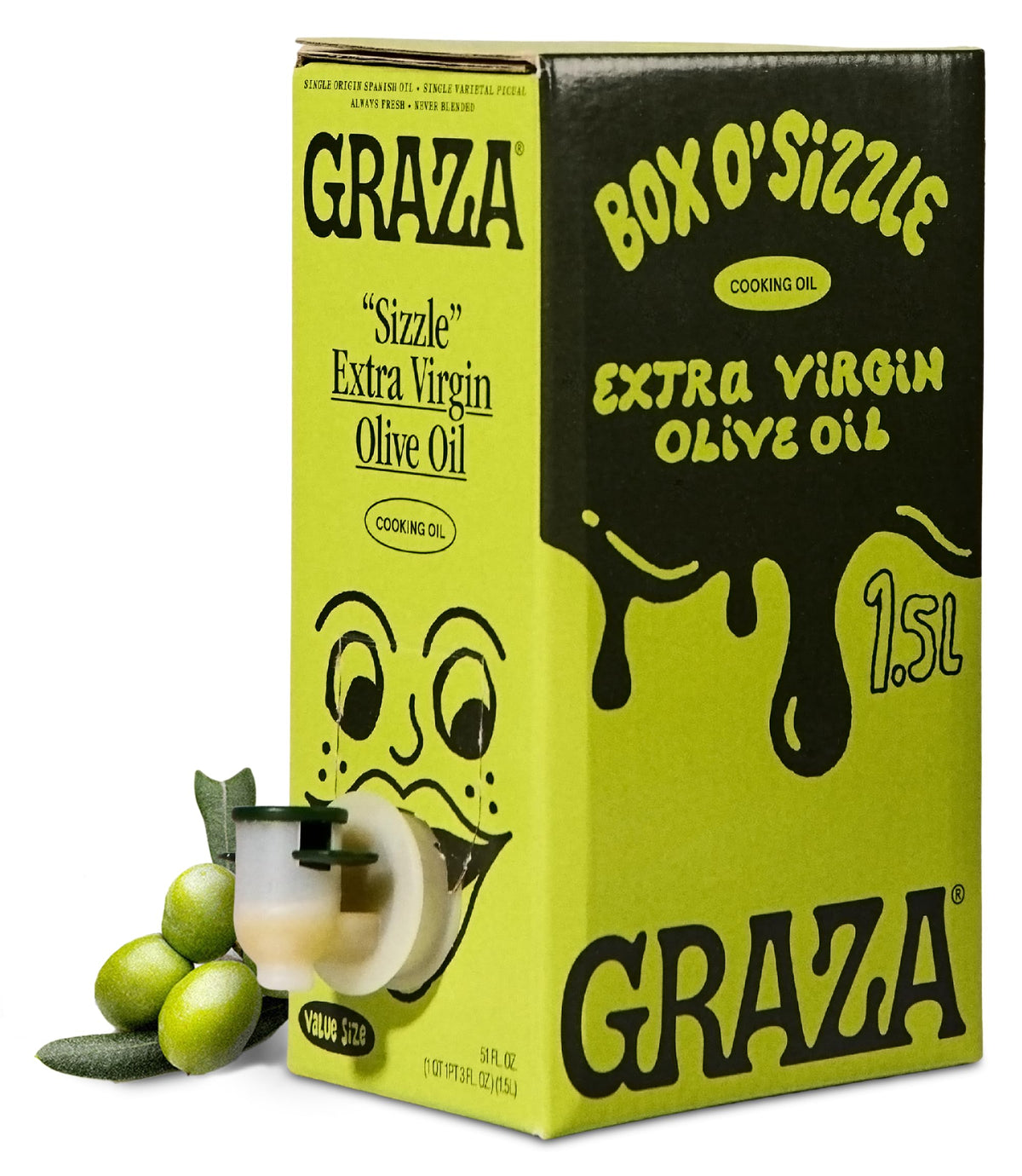 Graza Sizzle bottle close-up for everyday cooking with mellow, versatile EVOO