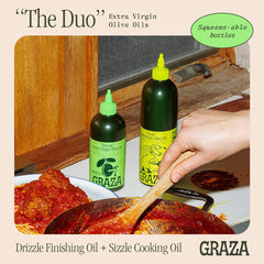 Graza Sizzle bottle in a hot pan showing mellow flavor for roasting and searing.