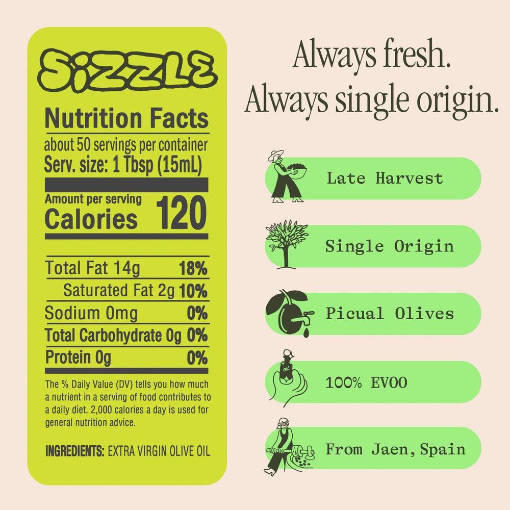 Graza Sizzle label closeup, highlights single-origin olives.