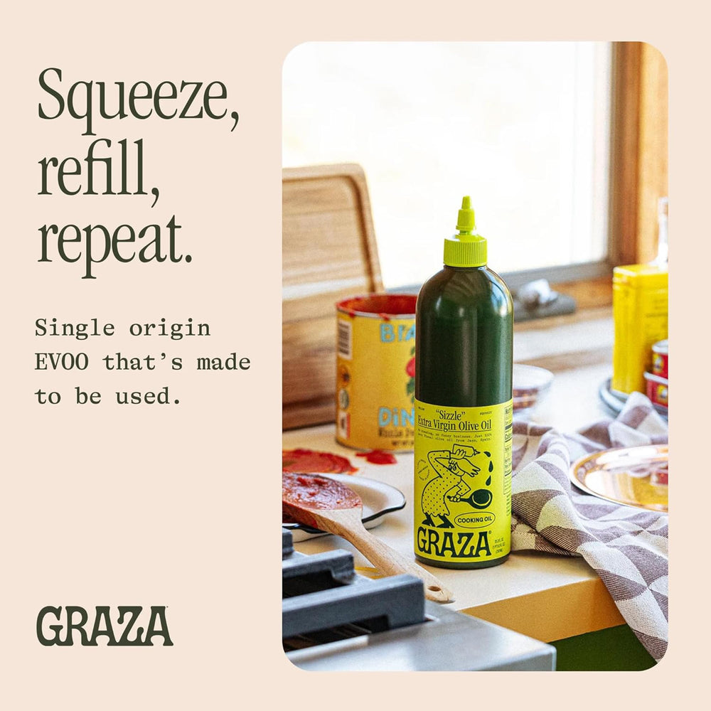 Graza Sizzle Spanish origin badge, premium single-origin olives.