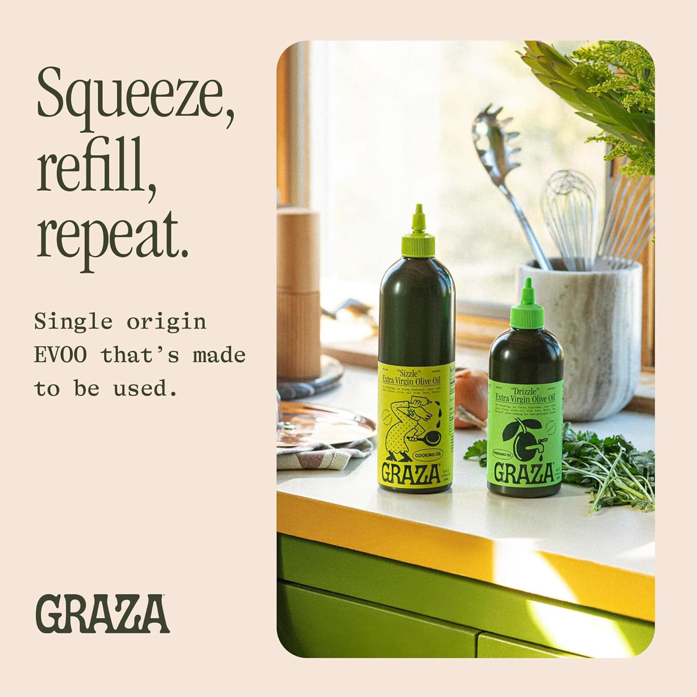 Graza squeeze bottle closeup demonstrating convenient packaging for everyday use.