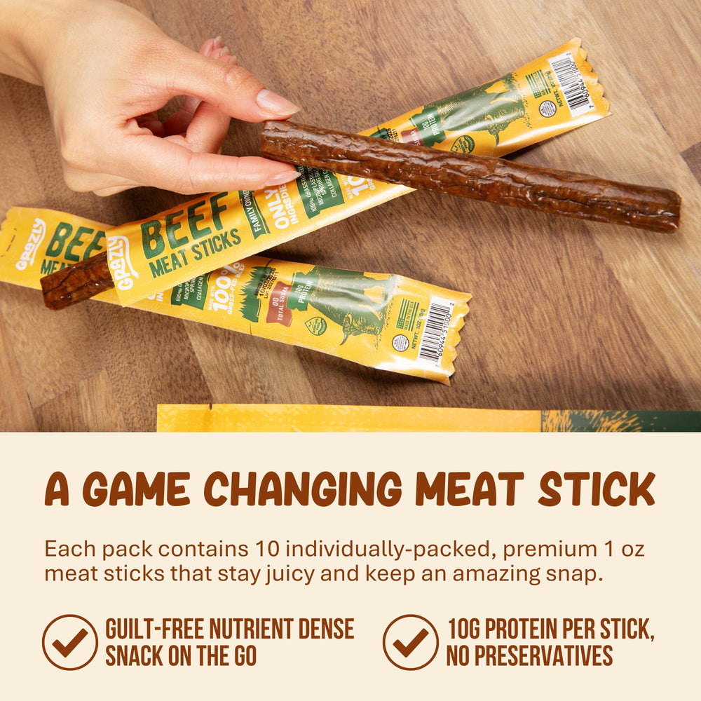 Grazly 10-pack beef sticks, individually wrapped for convenience.