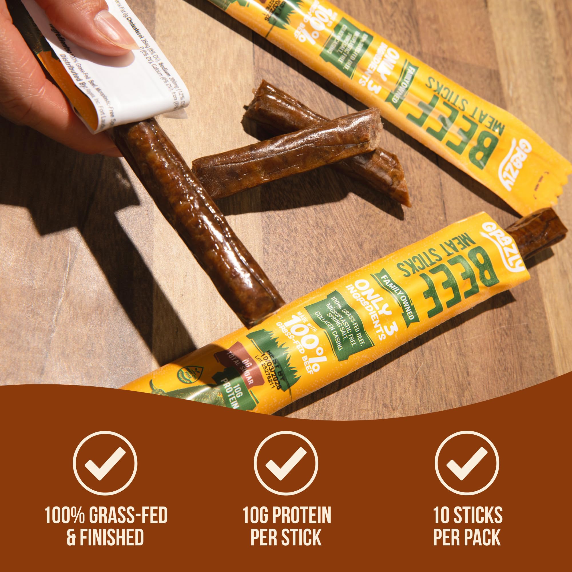 Grazly beef sticks close-up indicating nutrients like iron and zinc from grass-fed beef.