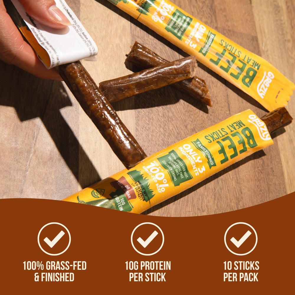 Grazly beef sticks close-up indicating nutrients like iron and zinc from grass-fed beef.