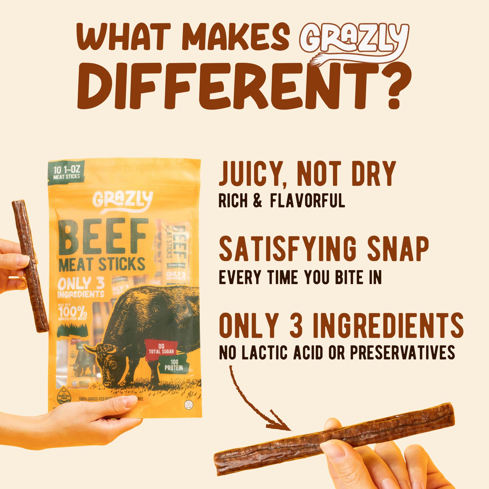 Grazly beef sticks highlighting the three simple ingredients: beef, salt, collagen casing.