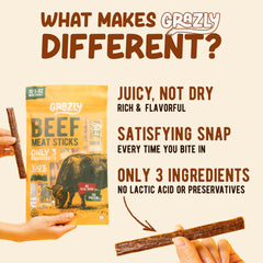 Grazly beef sticks highlighting the three simple ingredients: beef, salt, collagen casing.