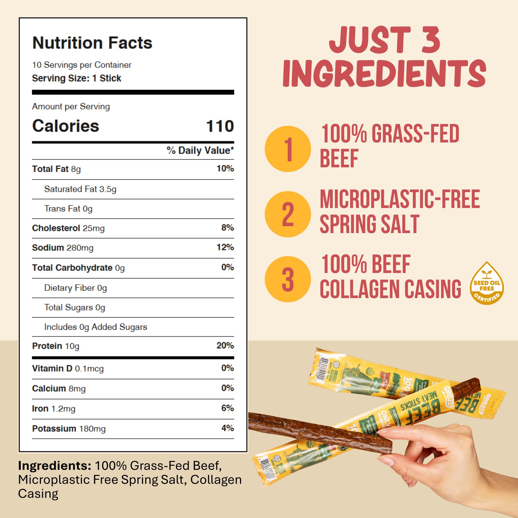 Grazly grass-fed beef sticks pack of 10, ready for on-the-go snacking.