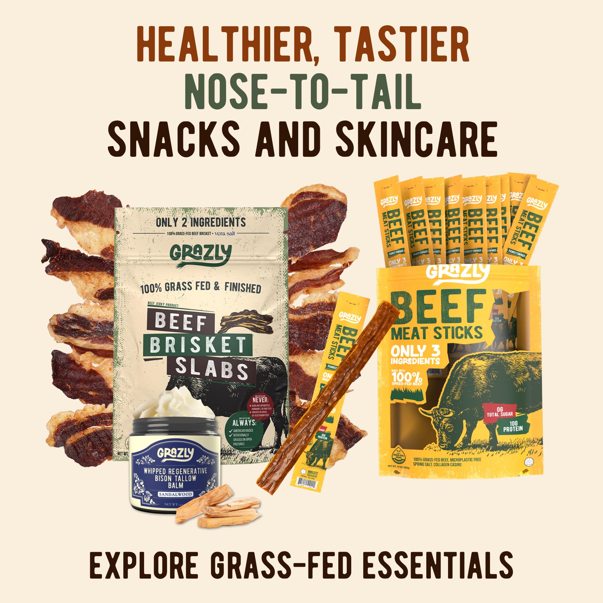 Grazly grass-fed beef sticks in open pasture scene highlighting origin.