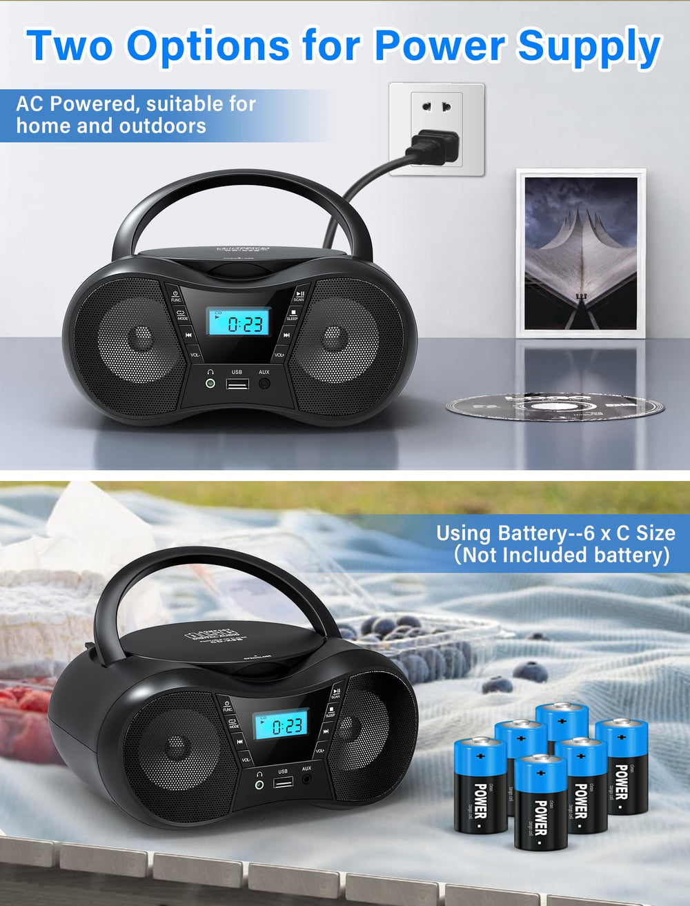 Greadio Boombox FM radio reception with retractable antenna for local and international stations.