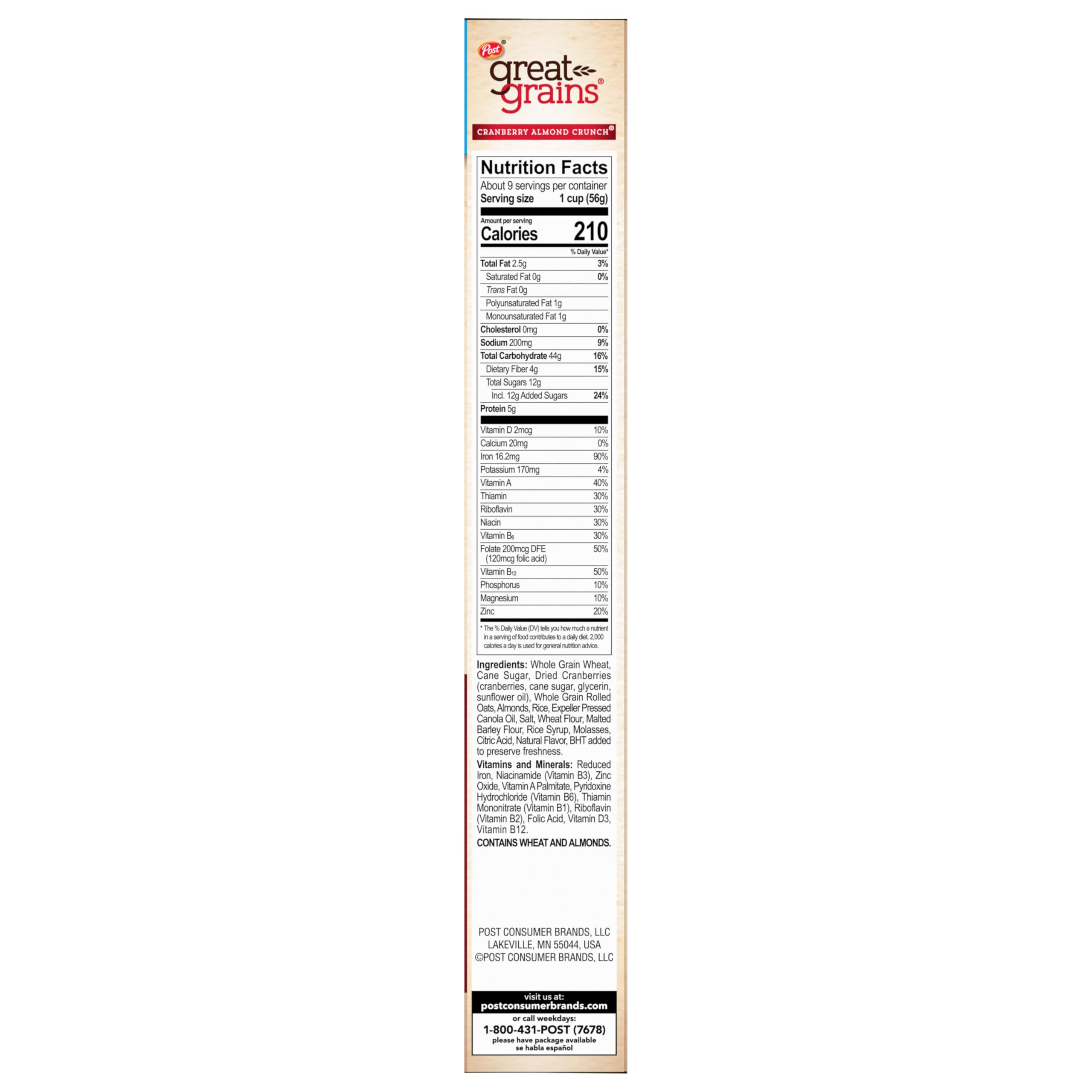 Great Grains Cranberry Almond Crunch cereal packaging closeup with Non-GMO badge.