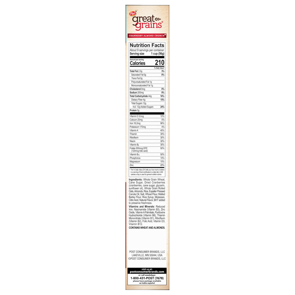 Great Grains Cranberry Almond Crunch cereal packaging closeup with Non-GMO badge.