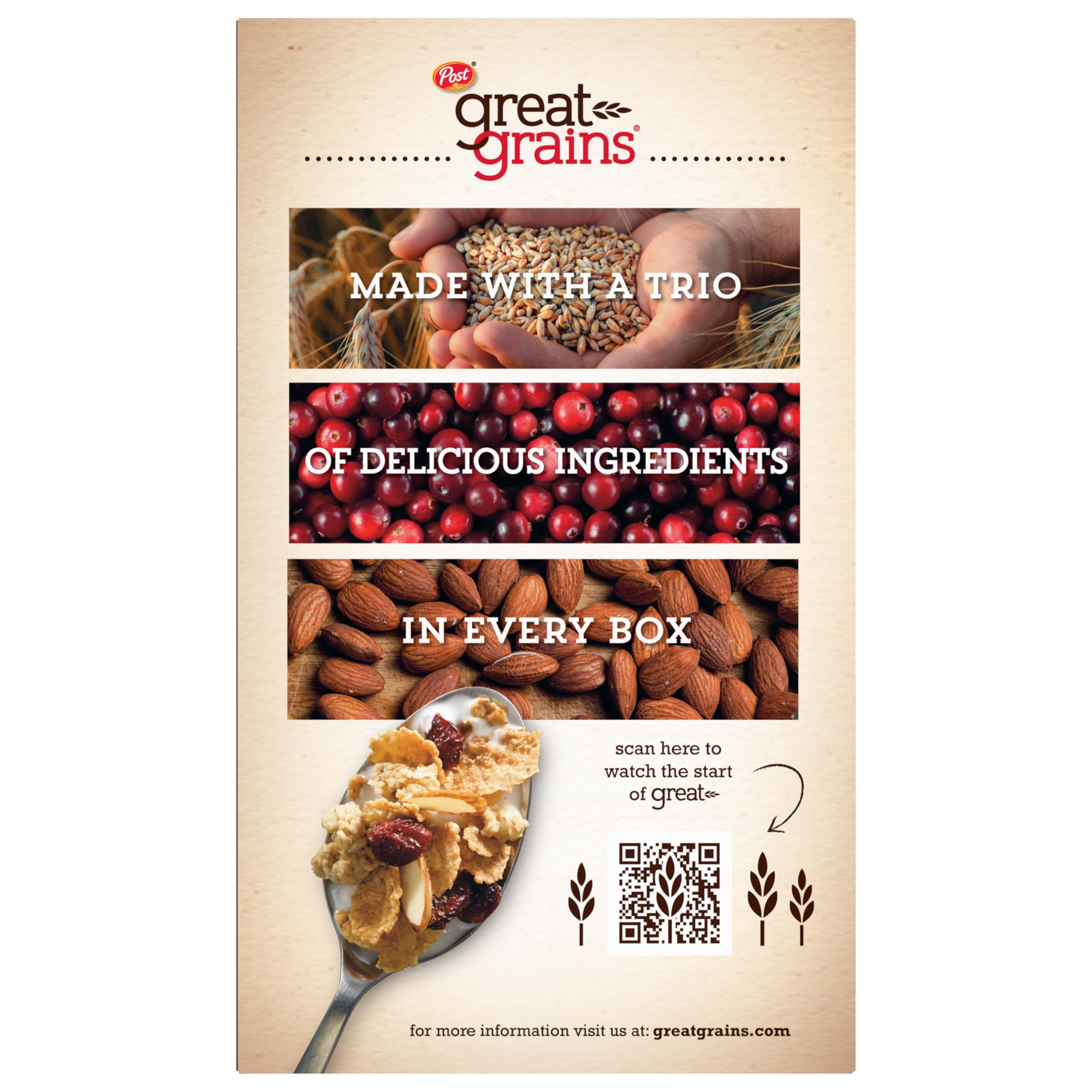 Great Grains Cranberry Almond Crunch cereal whole grains packaging highlights nutrition.
