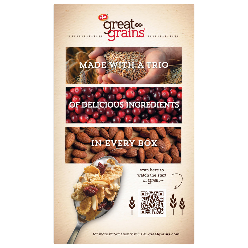 Great Grains Cranberry Almond Crunch cereal whole grains packaging highlights nutrition.