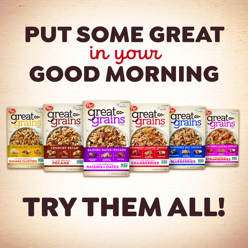 Great Grains pouring cereal into a bowl with milk visible