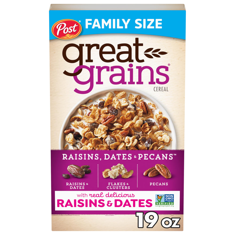 Great Grains raisins dates pecans cereal bowl for a hearty morning energy boost
