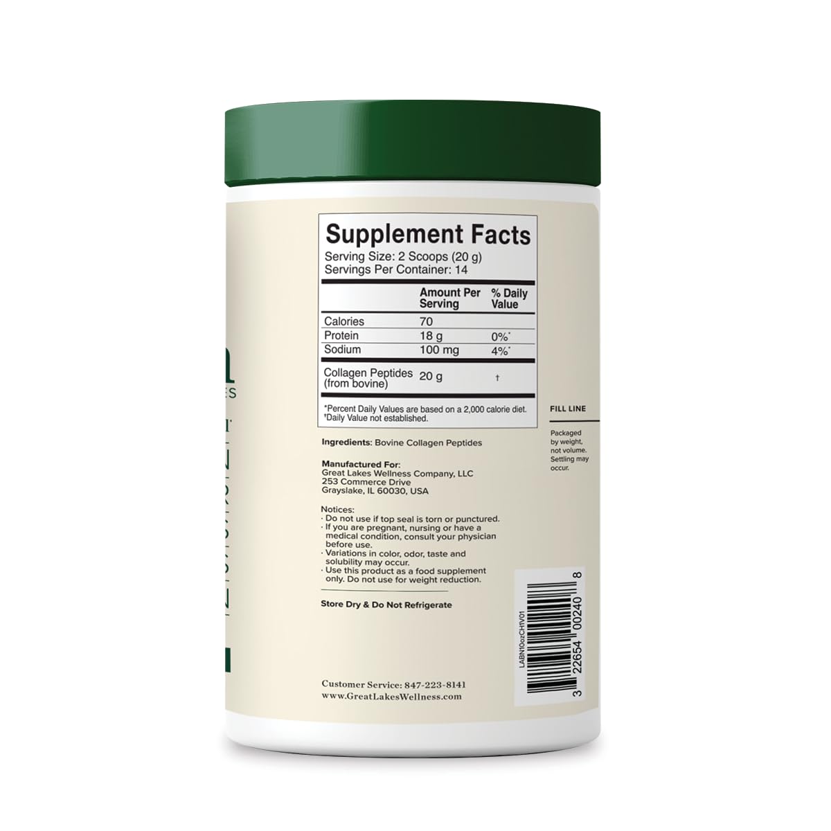 Great Lakes Wellness collagen peptides powder scoop for precise daily portions.