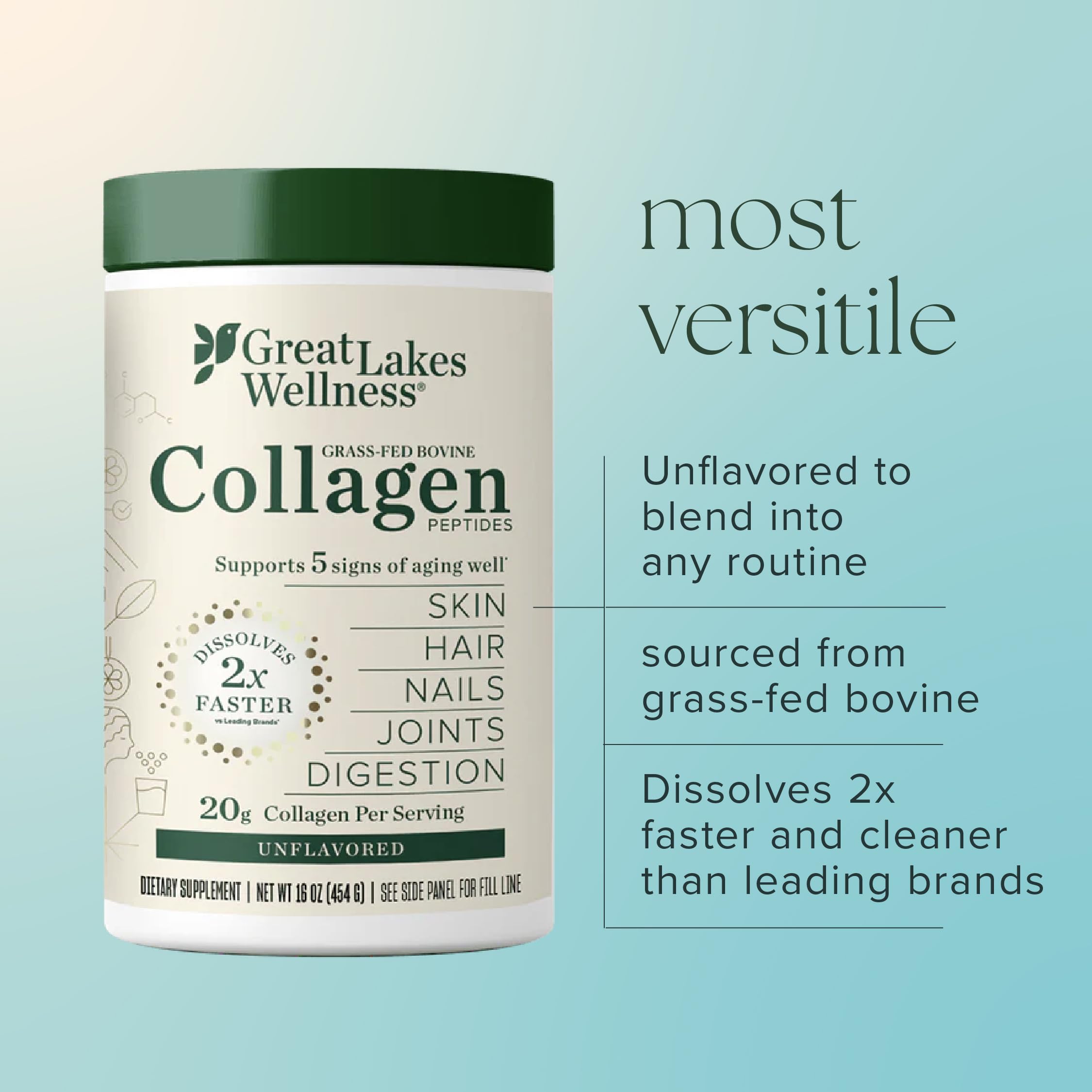 Great Lakes Wellness collagen peptides powder dissolves quickly for effortless mixing.