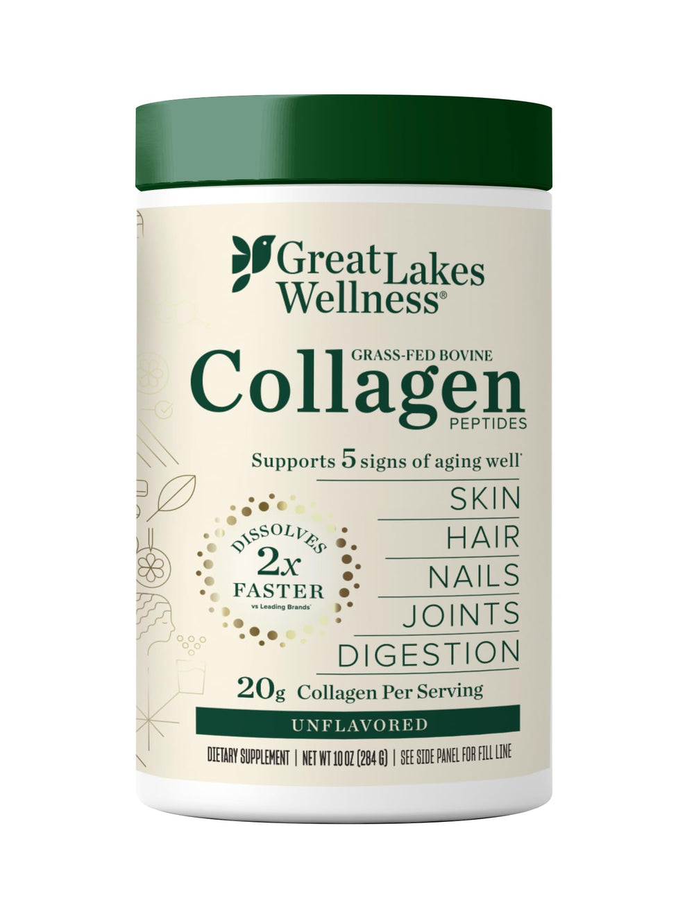 Great Lakes Wellness collagen peptides powder tub front, showing pure protein for skin and joints.
