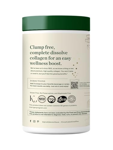Great Lakes Wellness collagen peptides powder label, highlighting non-GMO and gluten-free quality.