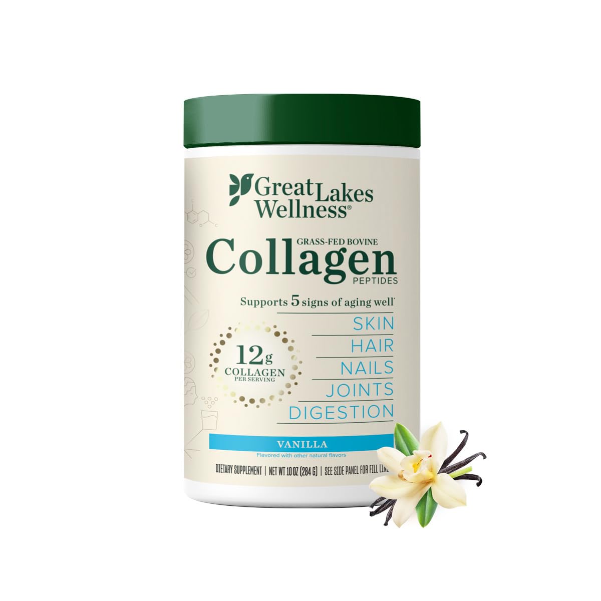 Great Lakes Wellness collagen peptides vanilla bottle for daily use and easy mixing