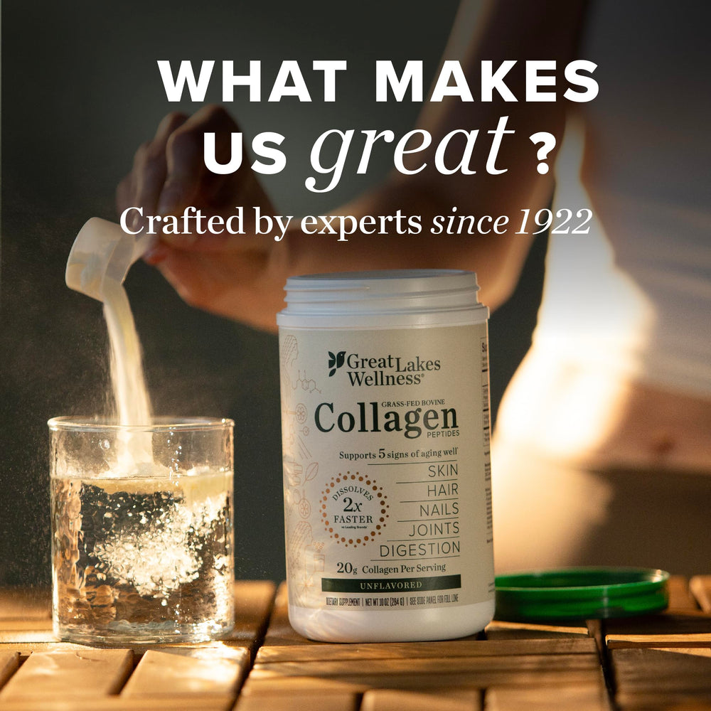 Great Lakes Wellness collagen powder in hot tea, blends with warmth for a gentle ritual.