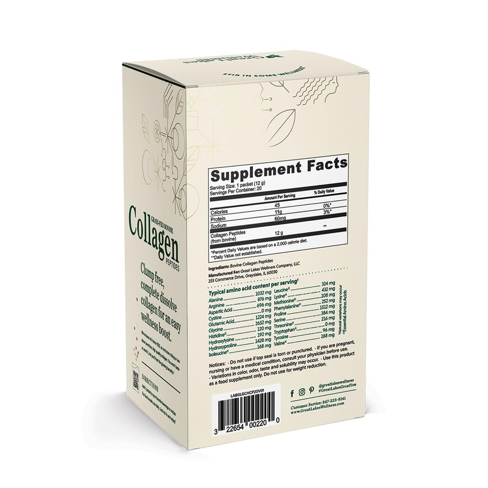 Great Lakes Wellness collagen powder scoop beside tub for easy daily portions.