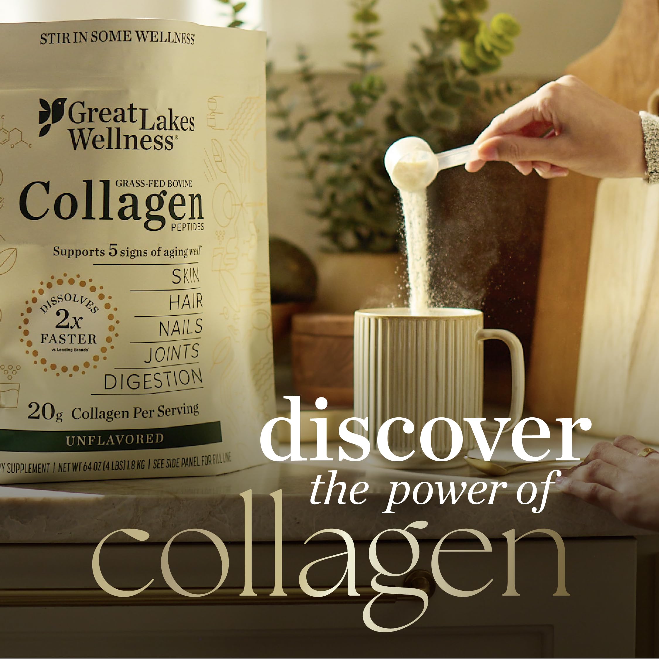 Great Lakes Wellness collagen powder third‑party lab seal indicating product purity.