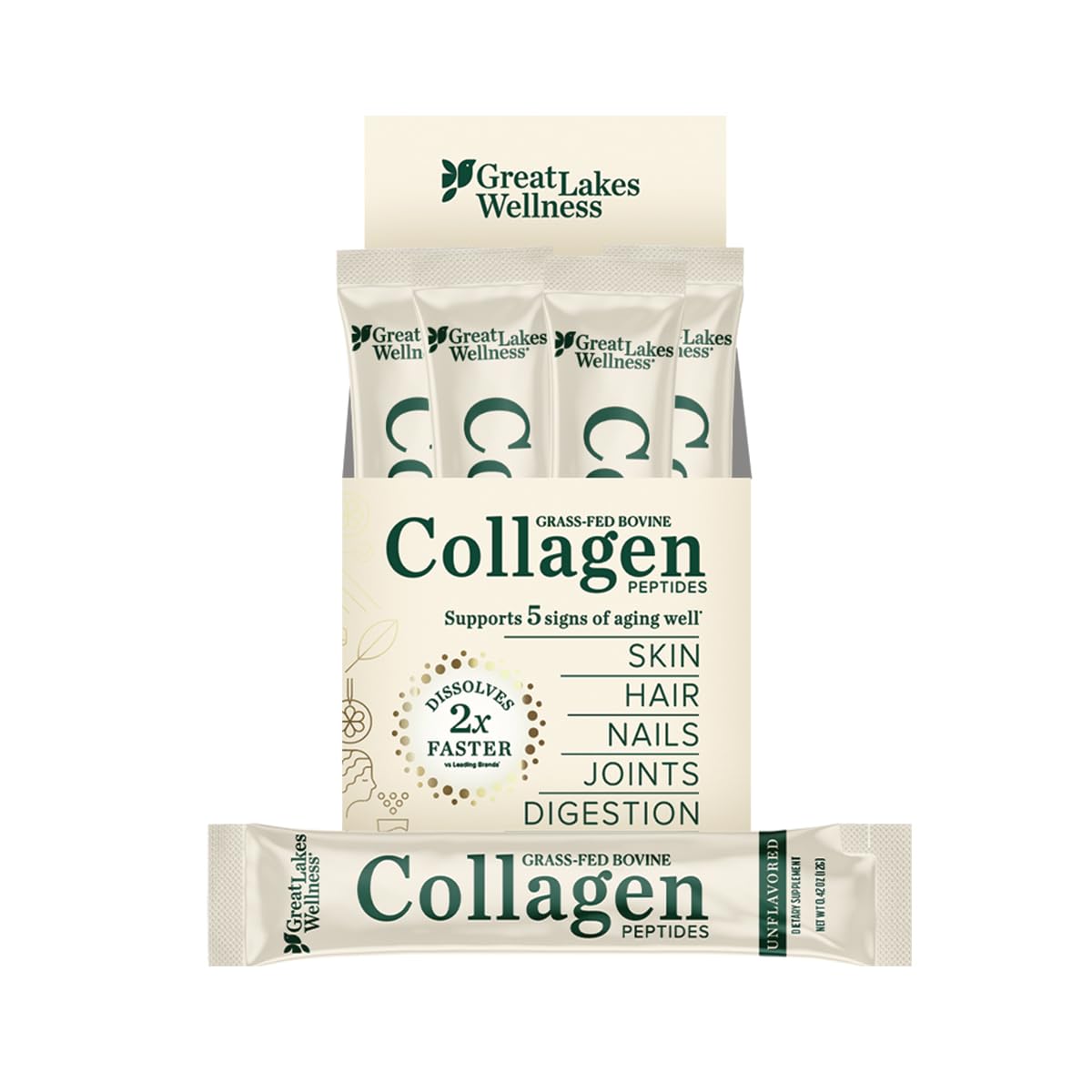 Great Lakes Wellness collagen powder tub, unflavored, for versatile daily use and beauty support.