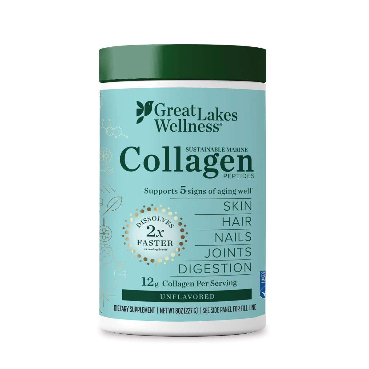 Great Lakes Wellness marine collagen bottle on shelf highlighting MSC certification and purity