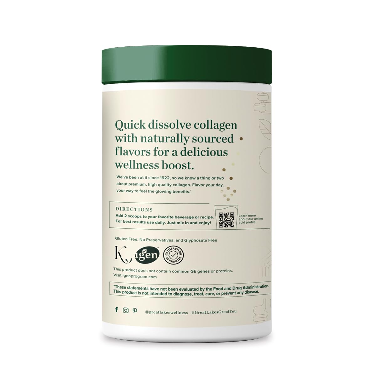 Great Lakes Wellness vanilla collagen scoop included for beverages