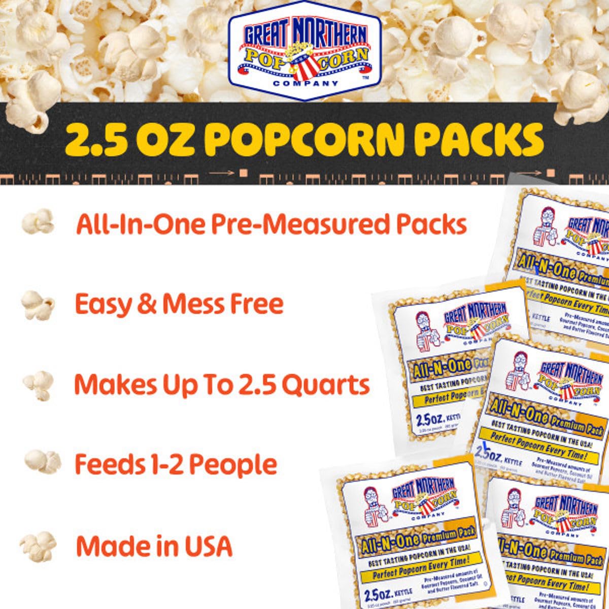 Great Northern Popcorn 2.5-ounce pack poured into a popcorn kettle for quick pops.