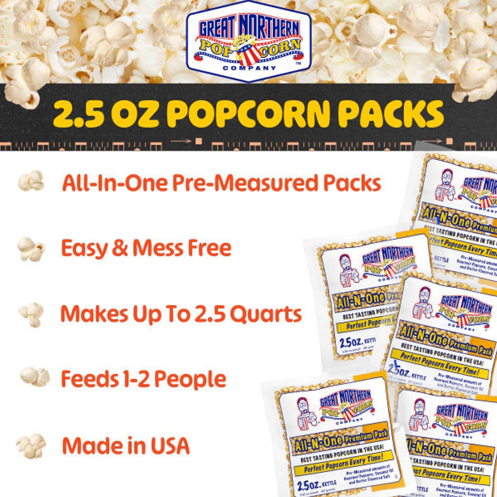 Great Northern Popcorn 2.5-ounce pack poured into a popcorn kettle for quick pops.