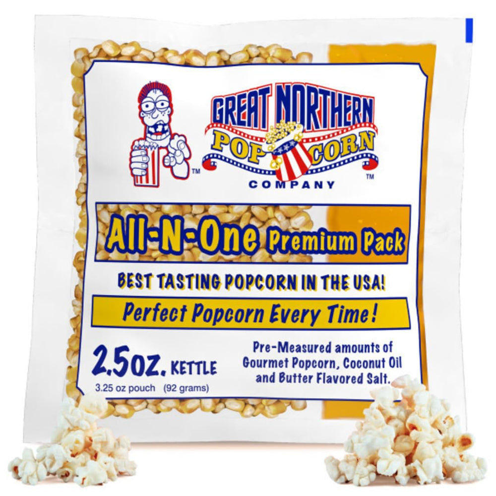 Great Northern Popcorn 2.5oz packs ready for kettle setup, easy premiere-night popping.