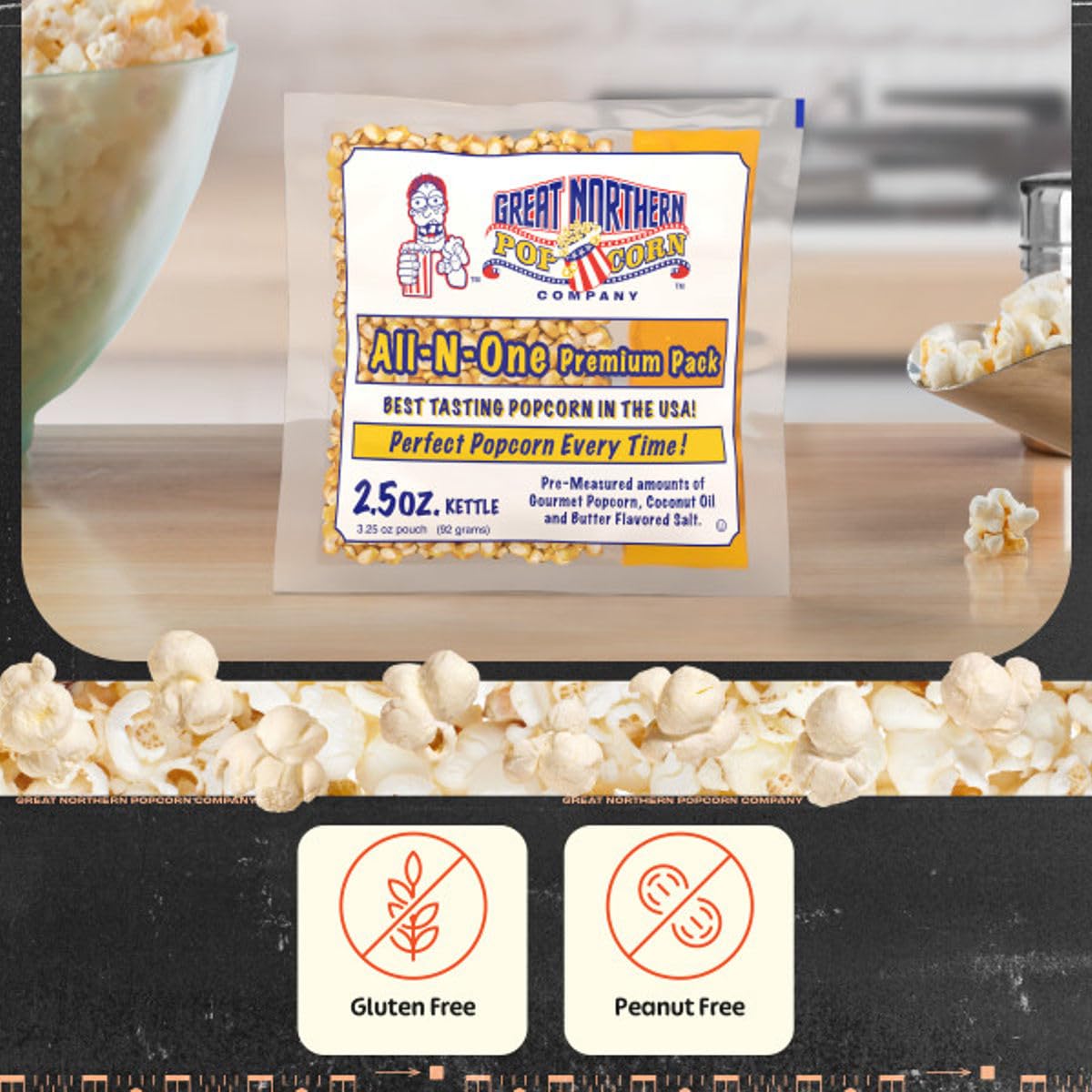 Great Northern Popcorn easy-open packets prevent spills during busy gatherings.