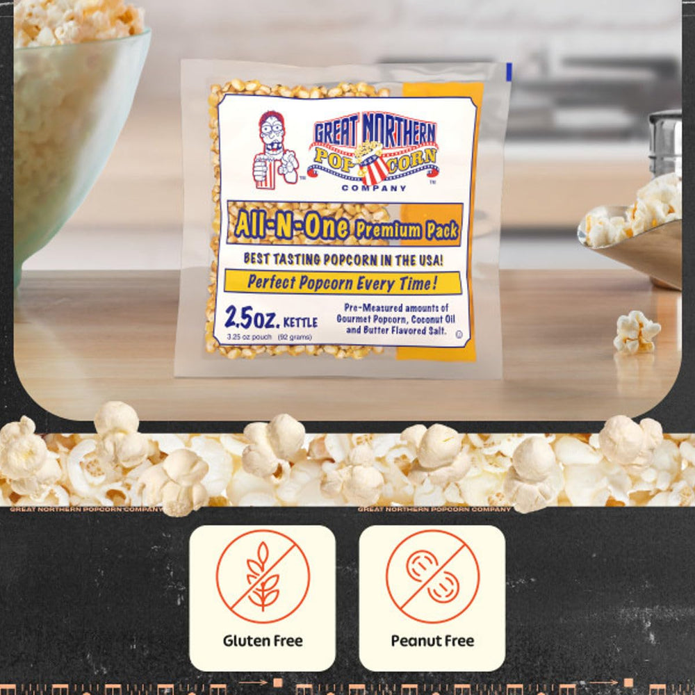 Great Northern Popcorn easy-open packets prevent spills during busy gatherings.