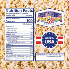 Great Northern Popcorn Company Organic Kernels jug lid closed for lasting freshness.