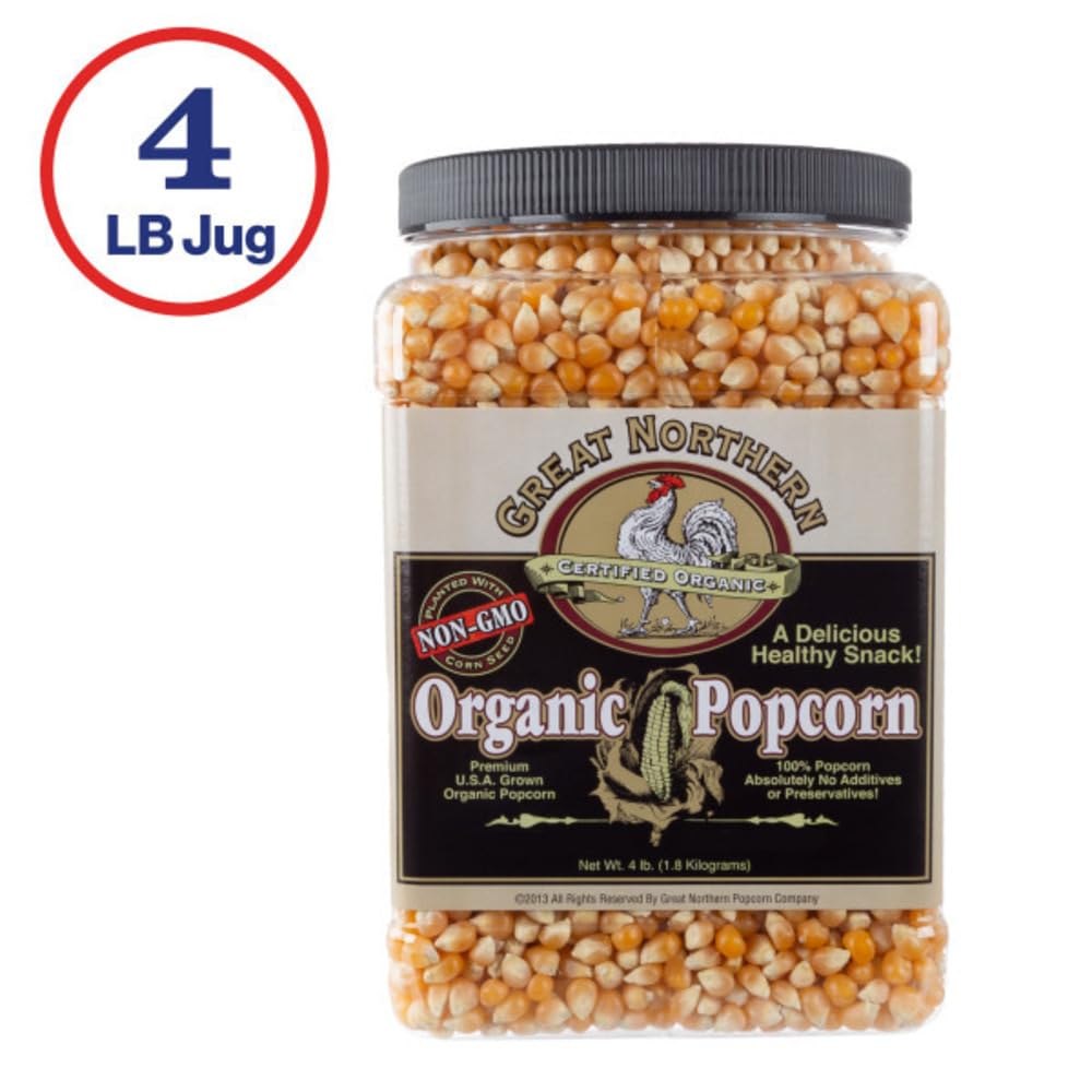 OCIA Organic-Certified Premium Yellow Popcorn Kernels in clear jug, easy storage.