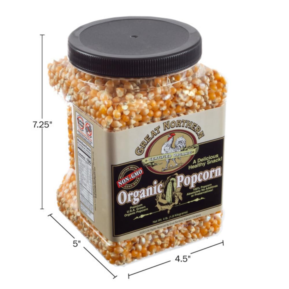 GMO-free gluten-free gourmet kernels in resealable jug, ideal gift for popcorn lovers.