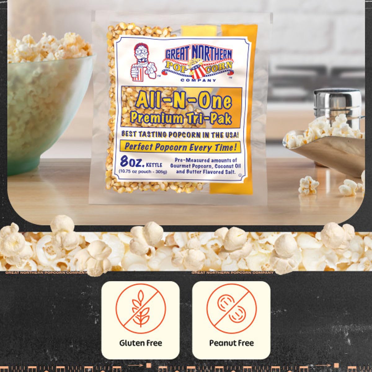 Great Northern Popcorn 8oz kettle-ready packs fit popcorn machines.
