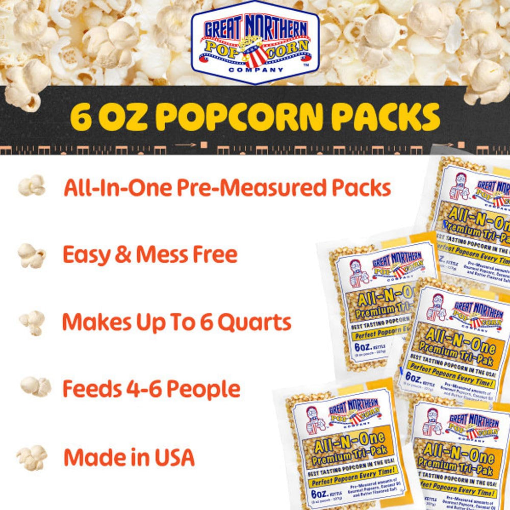 Great Northern Popcorn 6oz kettle compatible packs ensure consistent theater quality.