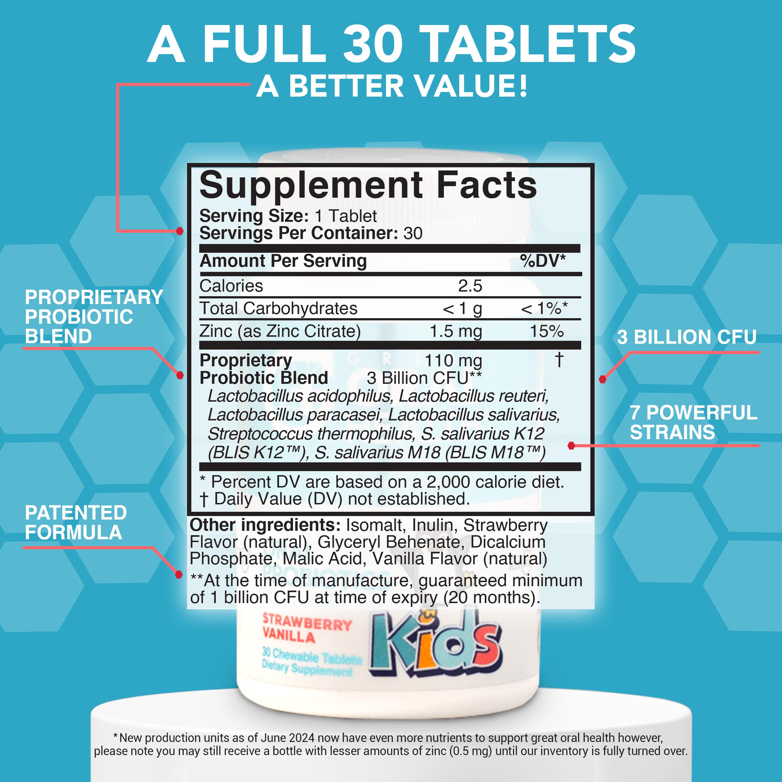 Great Oral Health BLIS K12 M18 chewables close-up highlight cavity-friendly support.