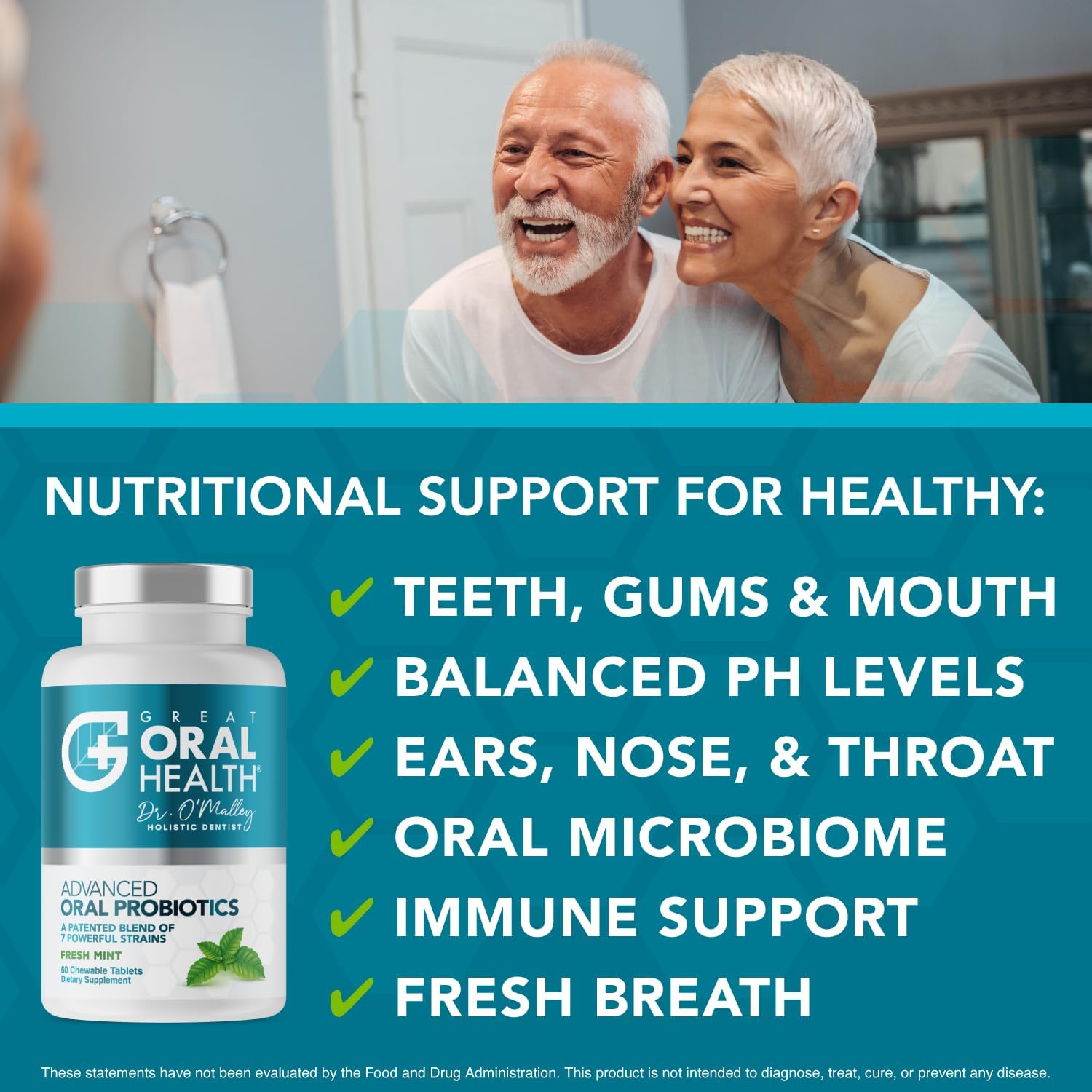 Great Oral Health BLIS K12 M18 label emphasizes seven-strain probiotic blend.