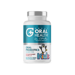 Great Oral Health kids probiotic tablets with strawberry-vanilla flavor may support fresh breath.