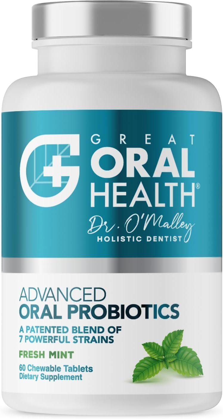 Great Oral Health mint probiotic bottle showcases refreshing flavor and daily routine.